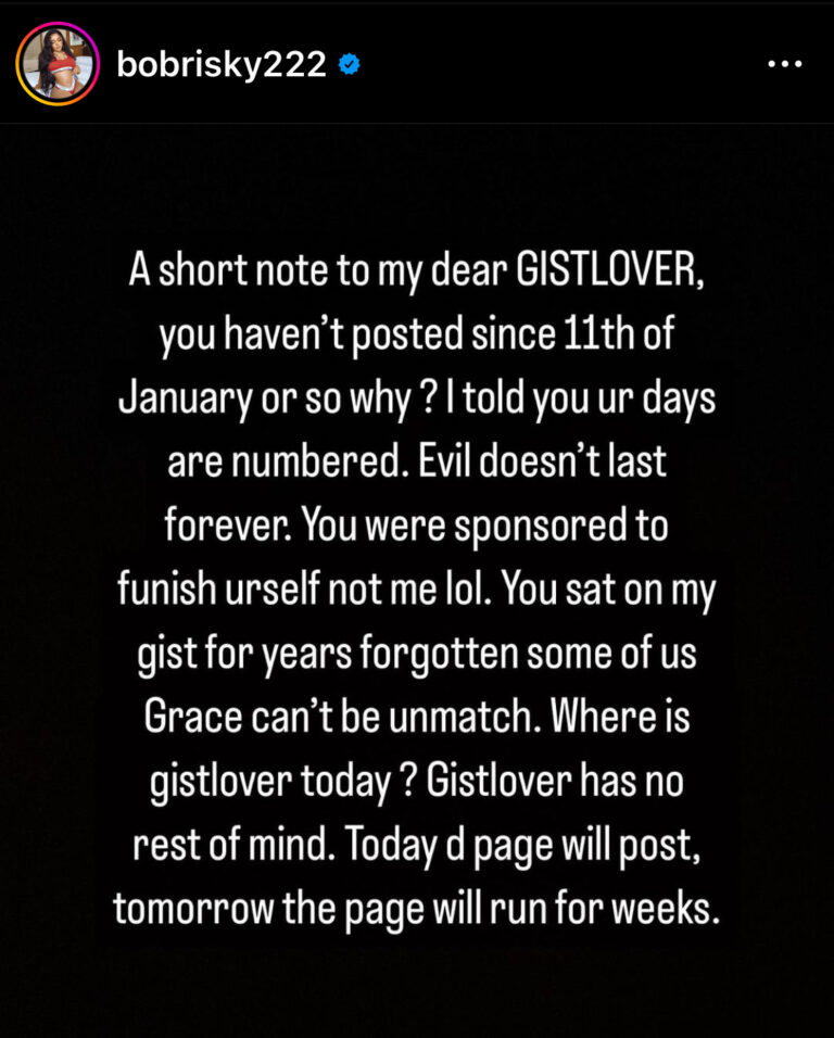 Bobrisky sends message to Gistlover