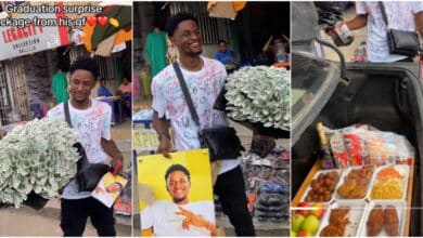 Lady spoils boyfriend on graduation day, surprises him with money bouquet, food, portrait