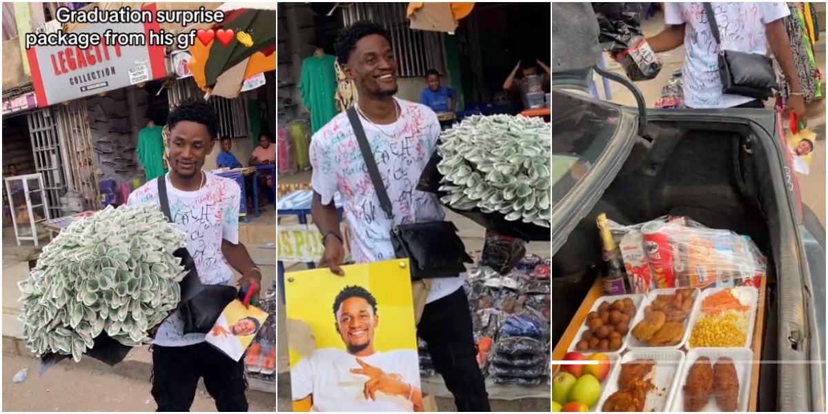Lady spoils boyfriend on graduation day, surprises him with money bouquet, food, portrait