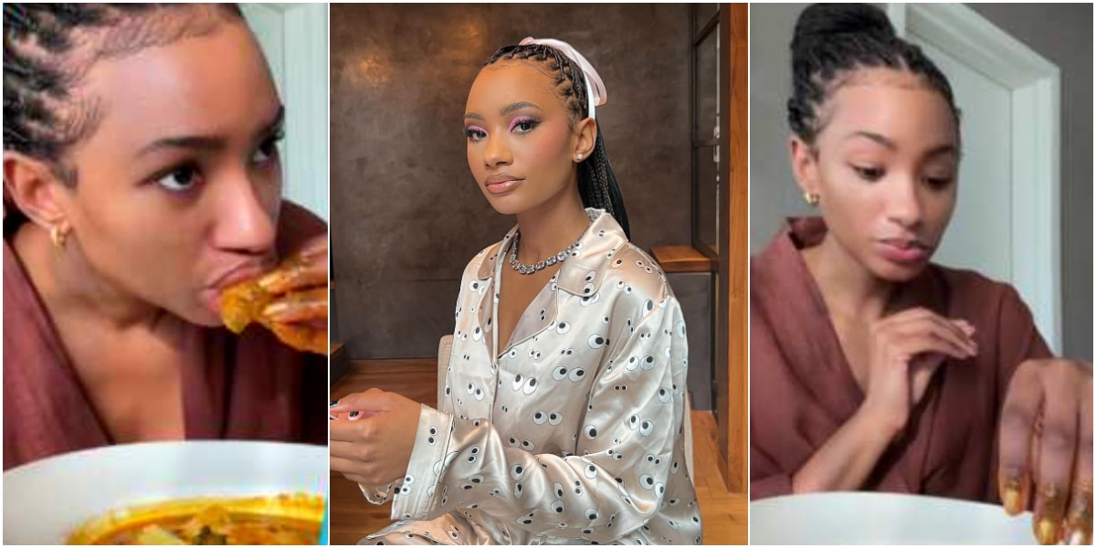 "It's like nothing have ever had" - Mer Eazi's wife, Temi Otedola tries Ghanaian fufu and palm nut soup