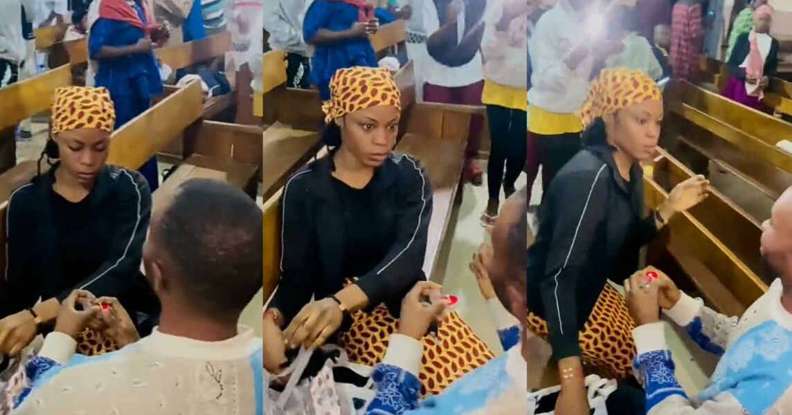 Lady's reaction trends as man proposes during crossover at church