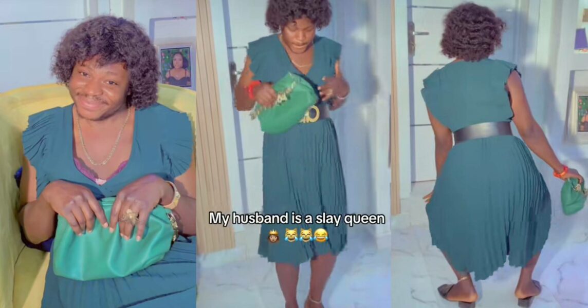 "Na this kind relationship girls dey pray for" – Husband dresses in wife's cloth to dance