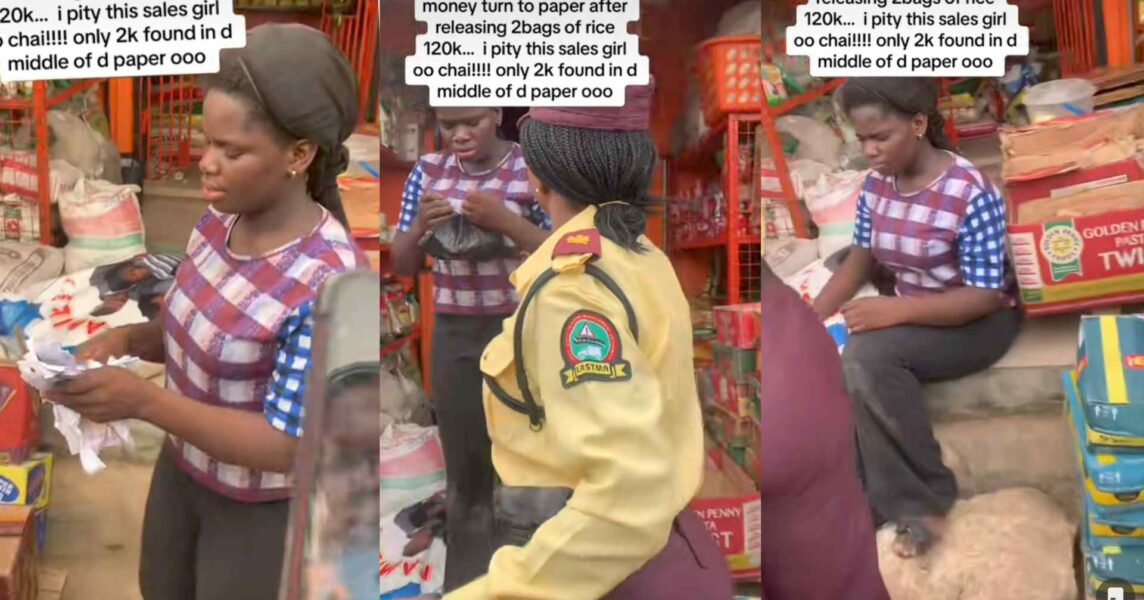 Sales girl money N120K bags rice paper