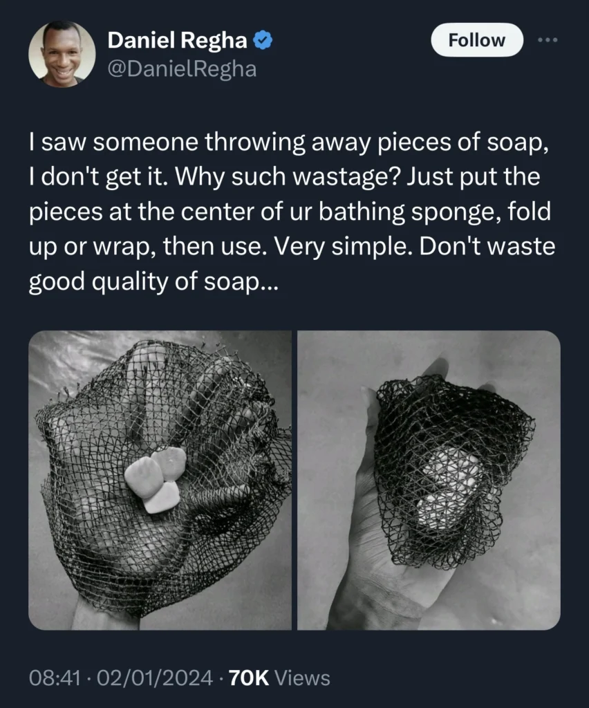 “Are you still promoting poverty in 2024” — Netizens question Daniel Regha as he shares advise for bathing soap 