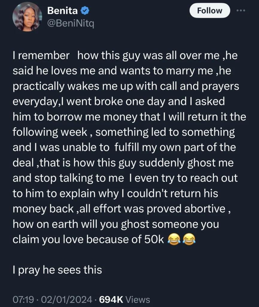 Lady raises alarm after suitor courting her ghosted because of ‘just’ 50k she didn’t pay back 