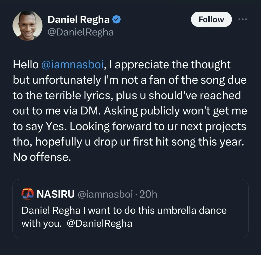 “I’m not a fan of the song due to it’s terrible lyrics” — Daniel Regha shuts down Nasboi’s request to make video to his song 