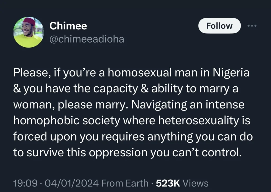 “If you’re a gay man in Nigeria marry a woman” — Gay man advises fellows