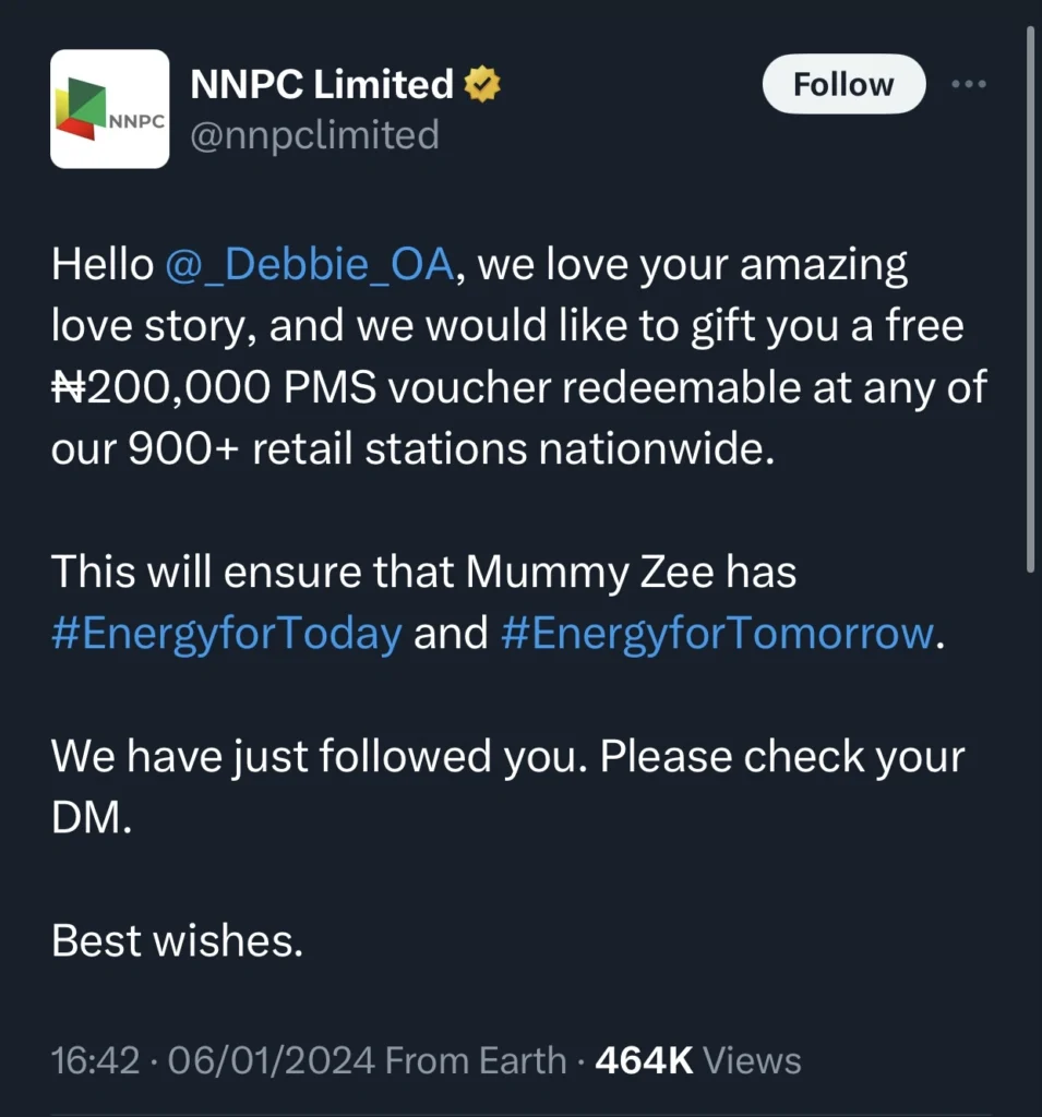 “Free fuel for this hard times sef” — Netizens jubilate as NNPC gifts MumZee 200k voucher for PMS voucher 