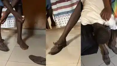 “This one na crocodile shoe” — Reactions as mother forces son to wear father’s shoe to school