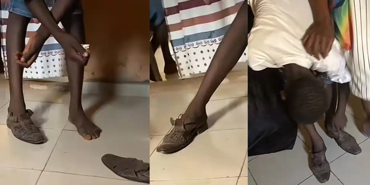 “This one na crocodile shoe” — Reactions as mother forces son to wear father’s shoe to school