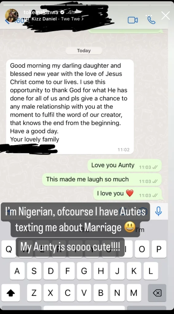“Give a chance to any male for a relationship” — Toke Makinwa shares hilarious messages from her Aunt 