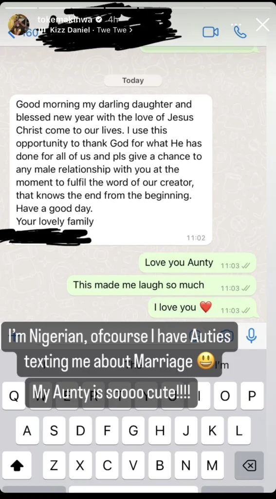 “Give a chance to any male for a relationship” — Toke Makinwa shares hilarious messages from her Aunt