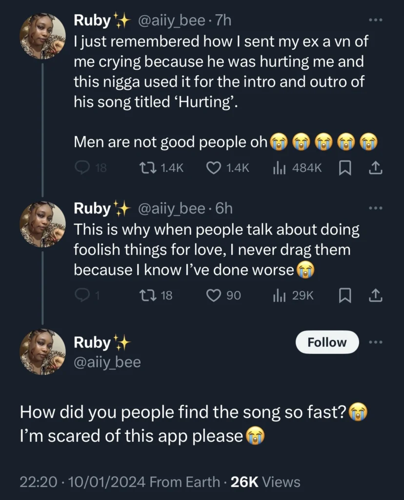 Lady painfully recalls ex-boyfriend who used her crying voice note as intro for his song