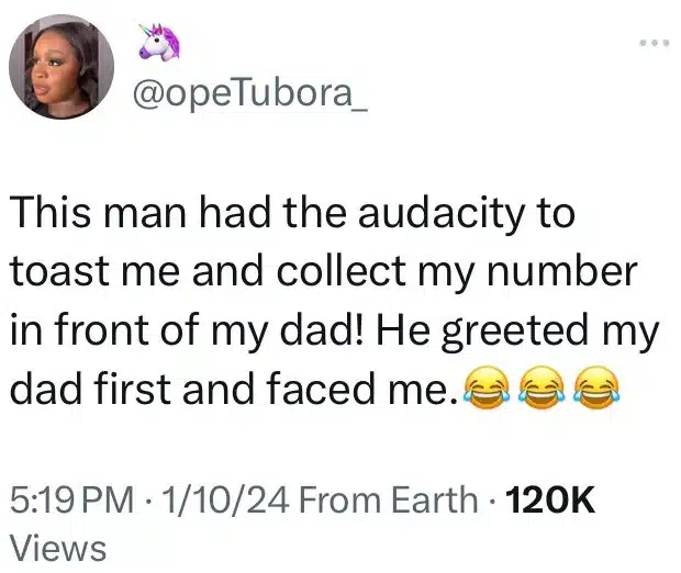 “No gree for anybody papa” — Reactions as lady shares experience with confident man who wooed her in front of her father 