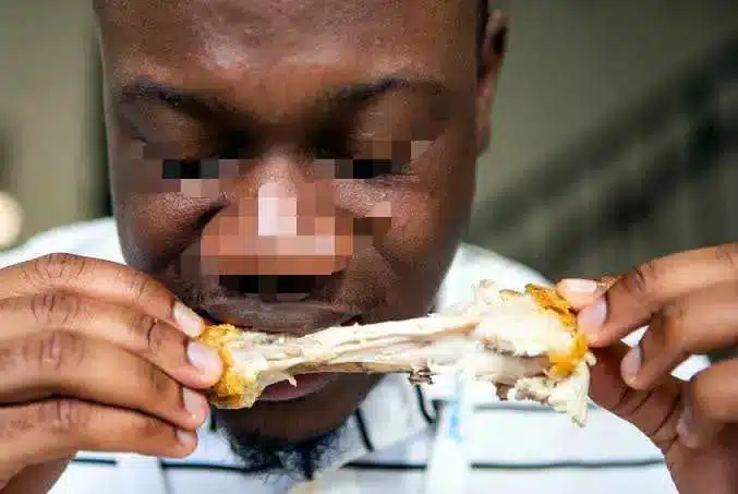 Nigerian man shares how he shocked his caucasian family friend by intensively chewing chicken bone 