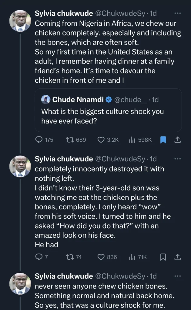 Nigerian man shares how he shocked his caucasian family friend by intensively chewing chicken bone 