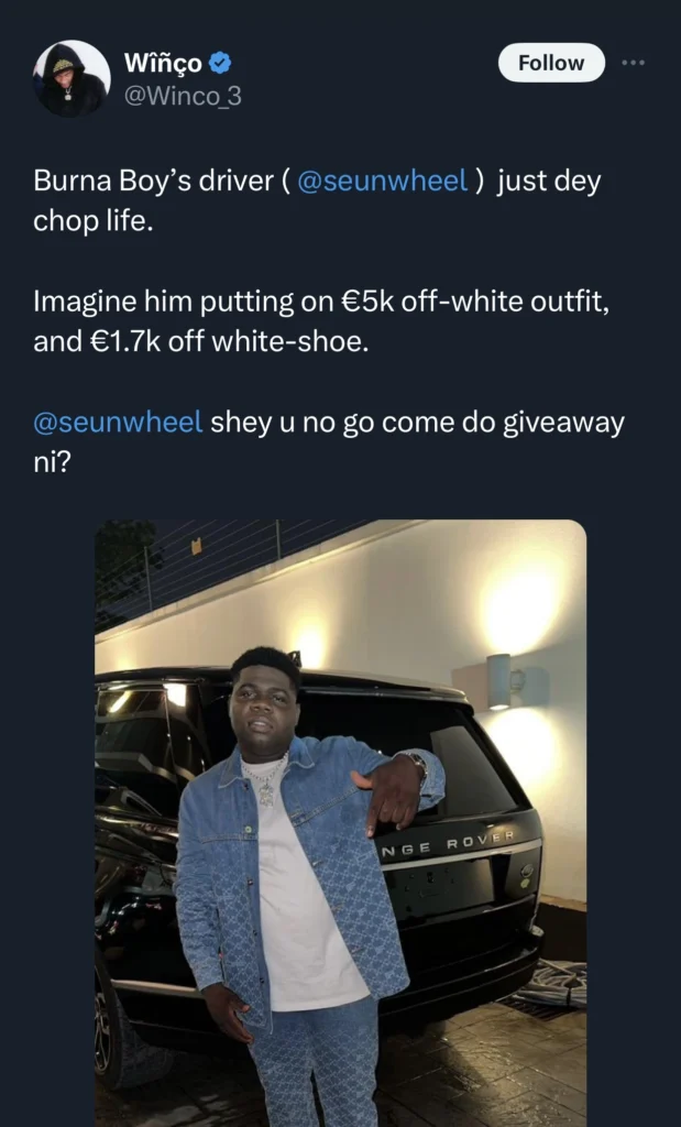 “How much Burna dey pay am sef” — Burna Boy’s driver set tongues wagging over expensive outfit 