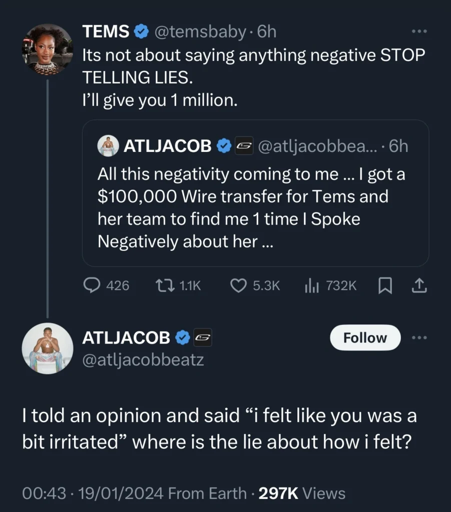 Tems and manager fight dirty online with American producer, ATL Jacob 