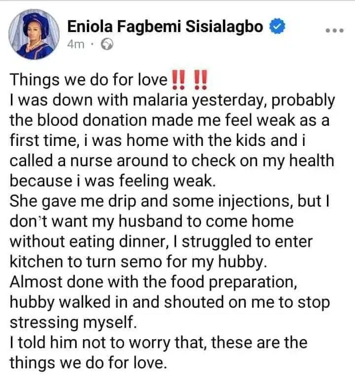 Married woman shows evidence of true love as she turns Semo for husband despite being on drip 