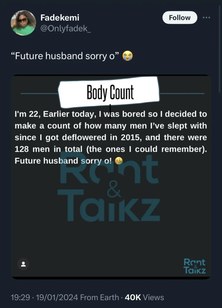“Future husband sorry o” — Lady pleads as she reveals her body count 