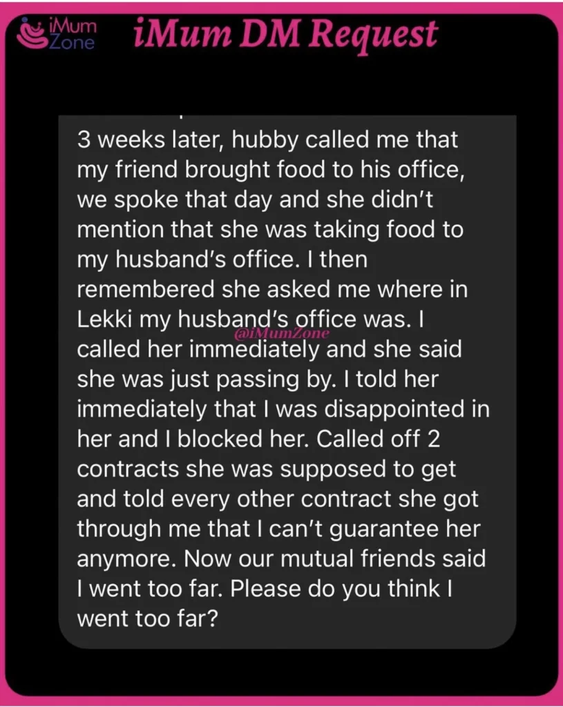 “Am I wrong” — Married woman asks as she cuts off friend who took Banga soup to her husband in his office 