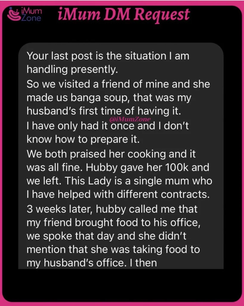 “Am I wrong” — Married woman asks as she cuts off friend who took Banga soup to her husband in his office 