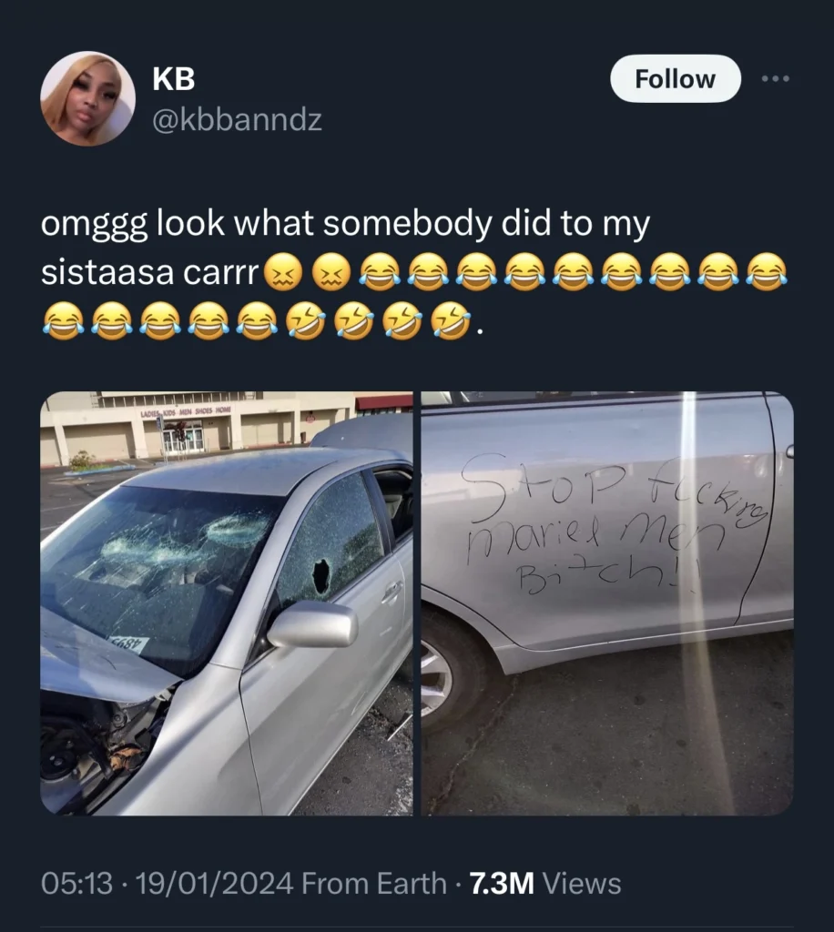 Lady shares how angry stranger demolished her sister’s car 