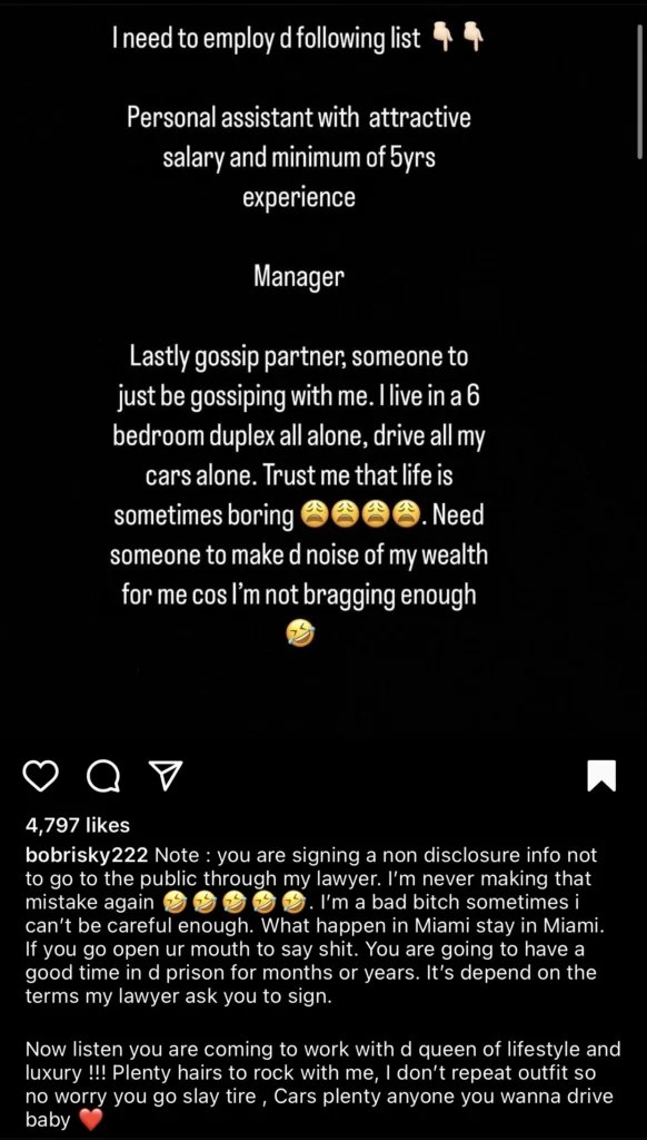 “I want to employ a gossip partner” — Bobrisky says as shares list of available positions he wants to employ
