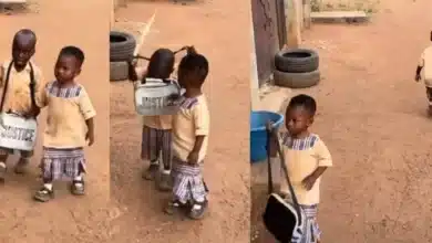 Adorable moment schoolboy escorts his female classmate home