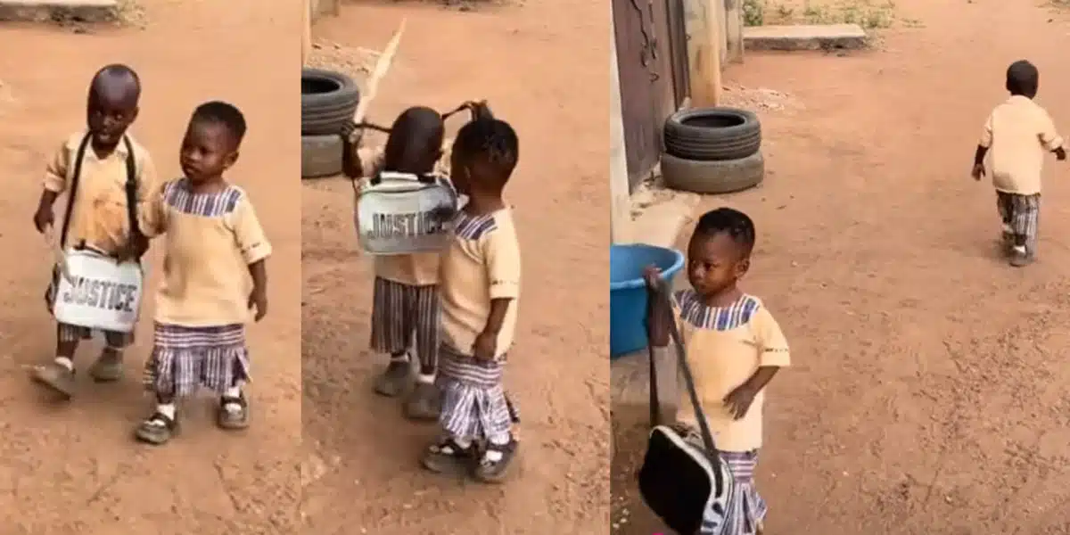 Adorable moment schoolboy escorts his female classmate home