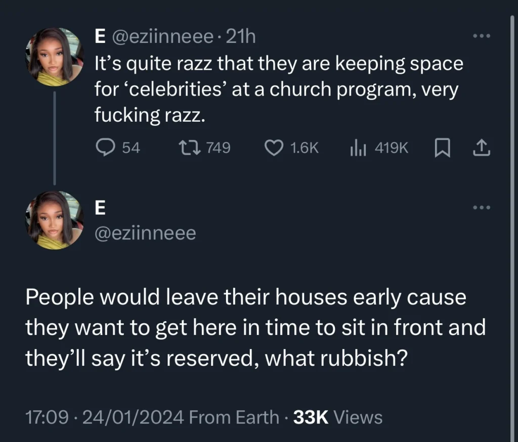 Lady calls out churches for keeping seats in front for celebrities 