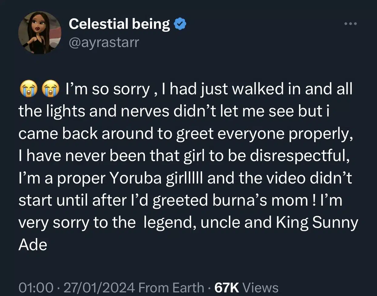 Why I did not greet King Sunny Ade properly - Ayra Starr tenders apology