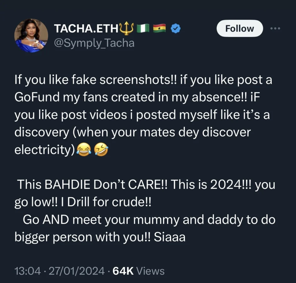 “The GoFundMe was created by my fans in my absence” — Tacha says as she claps back at trolls 