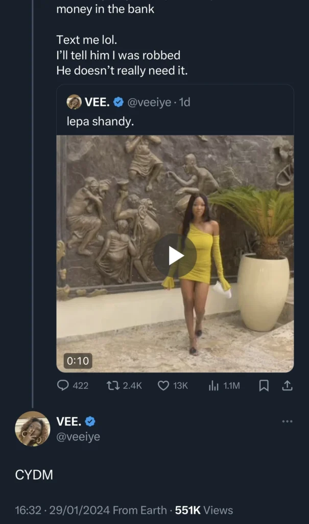 Serious toaster offers Vee 11 Million Naira, she responds 