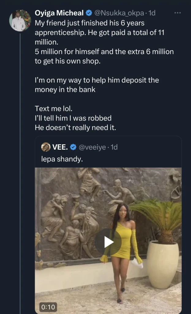 Serious toaster offers Vee 11 Million Naira, she responds 