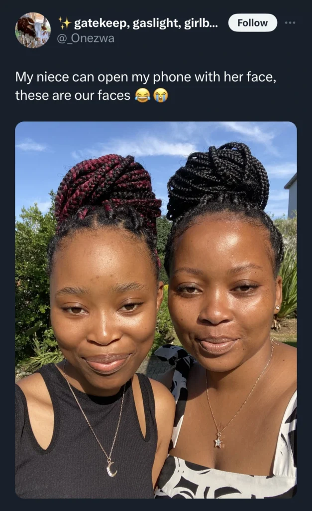 “Her face can open my phone” — Lady shares photo of herself and her look-alike niece 