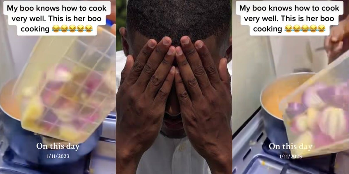 "Wetin be this?" - Nigerian man breaks internet as he shows off culinary skills, cooks soup with full bowl of uncut onions
