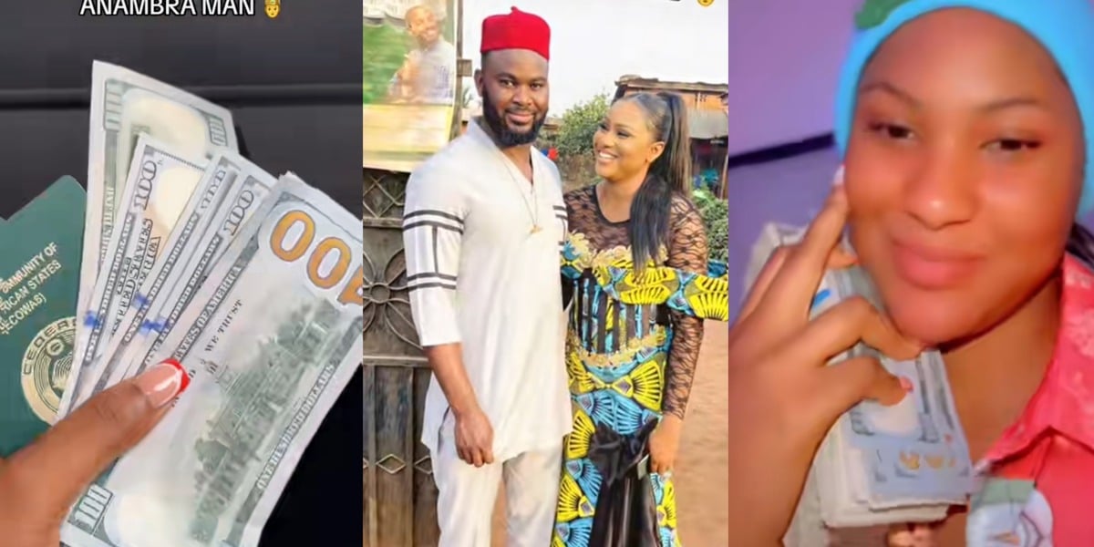 Beautiful lady flaunts international passport, bundles of dollar notes as she gets engaged to an Anambra man