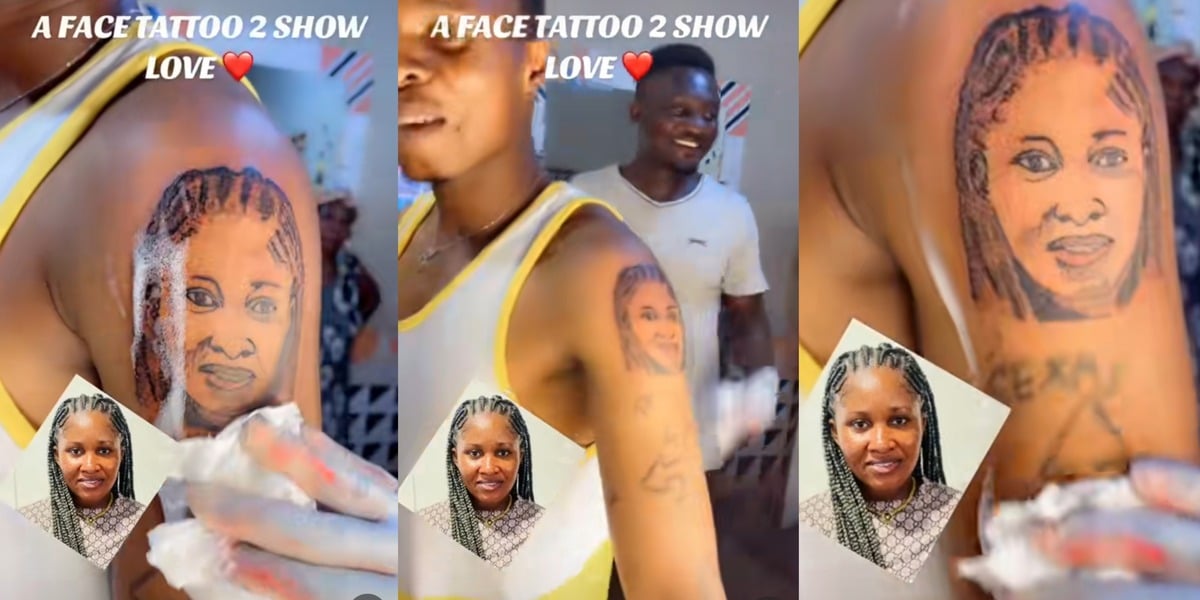 "Chaii, you dey trust woman?" - Knocks as Nigerian man tattoos wife's picture on his arm