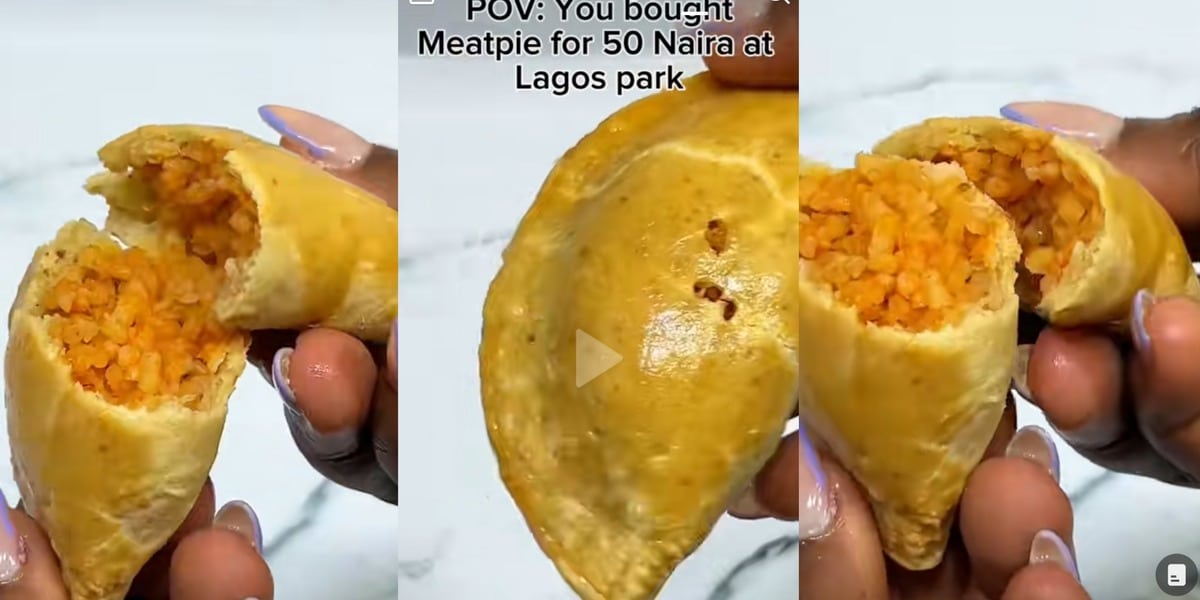 Nigerian lady expresses shock as she finds 'Jollof rice' inside ₦50 meat pie purchased in Lagos park