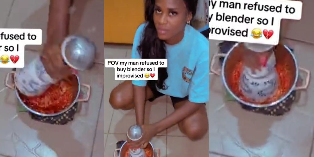 "I improvised" - Nigerian lady surprises boyfriend who refused to buy a blender, uses his Azul bottle to grind pepper