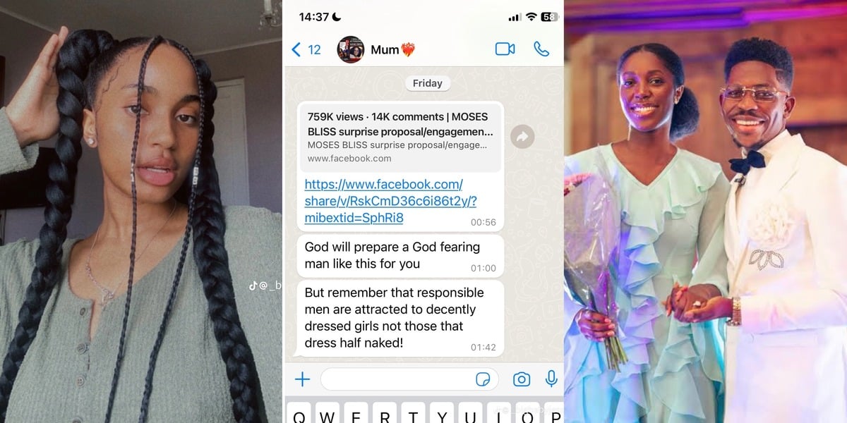 "Don't dress half naked" - Nigerian mother counsels daughter via WhatsApp after seeing Moses Bliss's engagement video