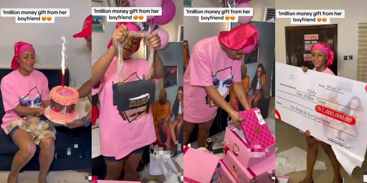 "I tap from it" - Beautiful lady sparks jealousy with ₦1m cheque, cake, shoes, bags gift from boyfriend on birthday