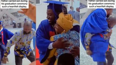 Heartwarming scene as proud Nigerian father carries his son on his back as he graduates from university