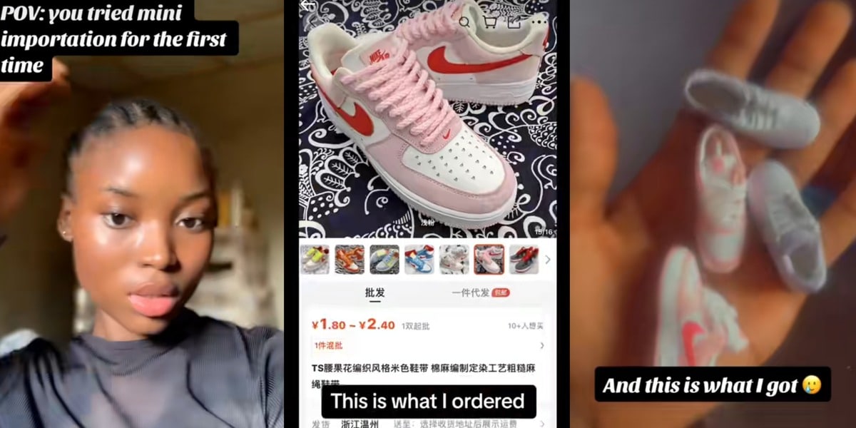 "Put am for water, e go rise" - Online shopping surprise as Nigerian lady's 2-yuan shoe order ends in micro-footwear