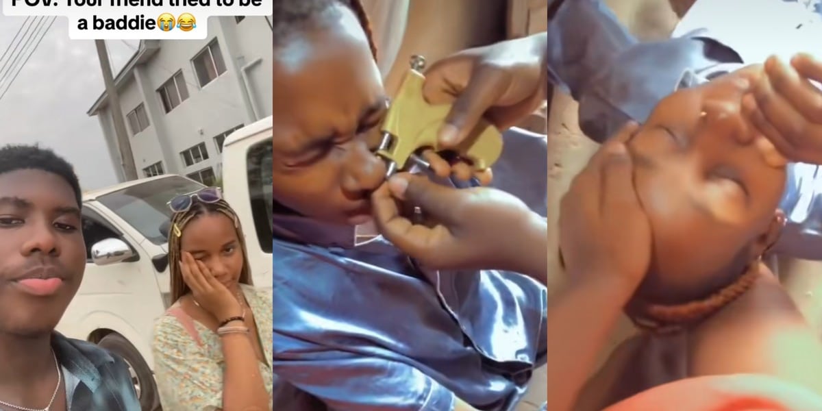 "Jesus, holy ghost, God of Zechariah help me" - Nigerian lady's dramatic reaction during nose piercing causes stir online
