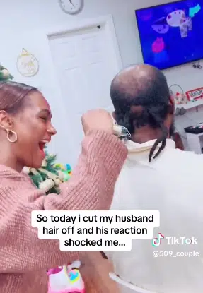 Husband's reaction trends as wife shaves off his hair