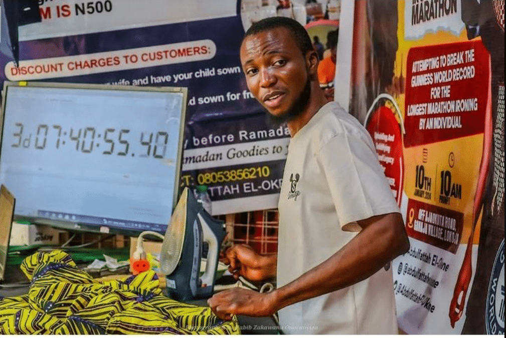 "He spent N34k daily on fuel" - Nigerian man irons clothes non-stop for 142 hours to break Guinness World Record