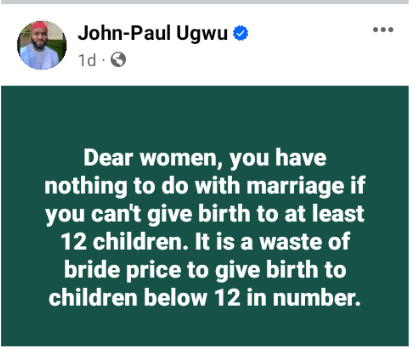  "It is a waste of bride price to give birth to less than 12 children" - Man advises women