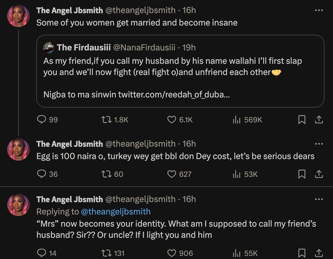 Angel Smith blasts women who are against female friends calling husband by name